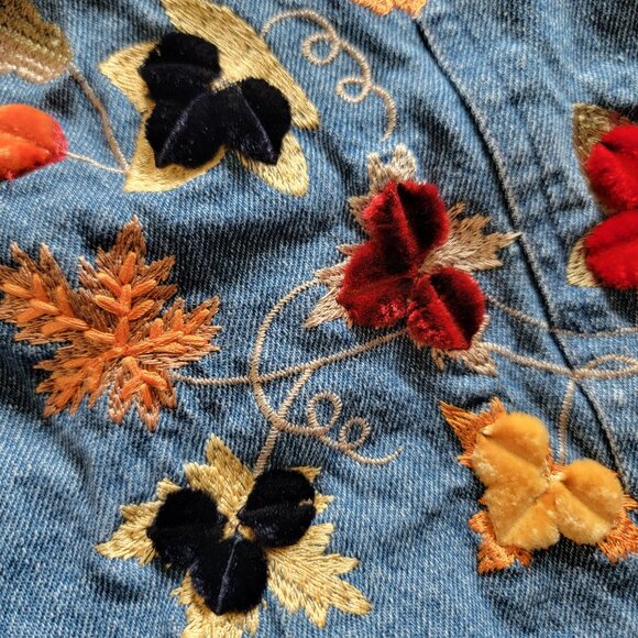 Vintage Tantrums Women XXL Jean Jacket Embroidered Fall Leaves Whimsical Country - Picture 13 of 13